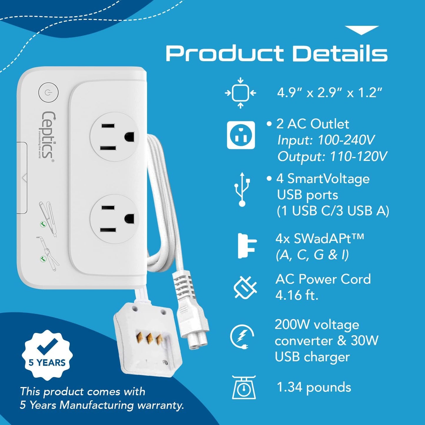 200 W Voltage Converter, Convert 220 V to 110V for Devices like Curling Iron, Straightener, Chargers, Step down World Power Plug - 4 USB PD 18W Fast Charging - EU/AU/UK/US Included