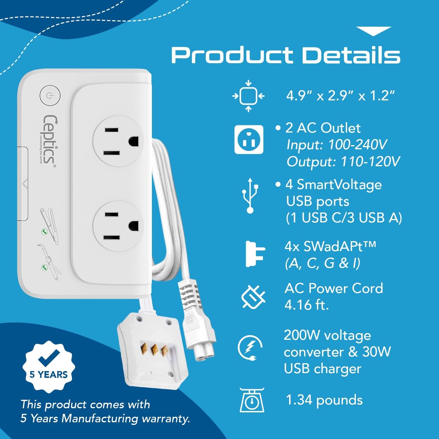 200 W Voltage Converter, Convert 220 V to 110V for Devices like Curling Iron, Straightener, Chargers, Step down World Power Plug - 4 USB PD 18W Fast Charging - EU/AU/UK/US Included