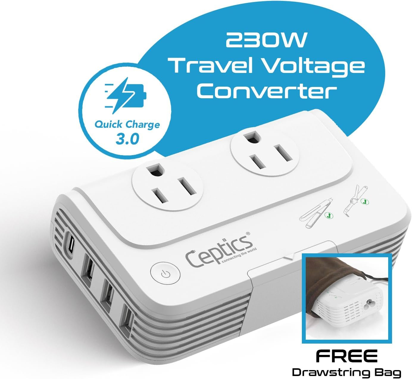 200 W Voltage Converter, Convert 220 V to 110V for Devices like Curling Iron, Straightener, Chargers, Step down World Power Plug - 4 USB PD 18W Fast Charging - EU/AU/UK/US Included