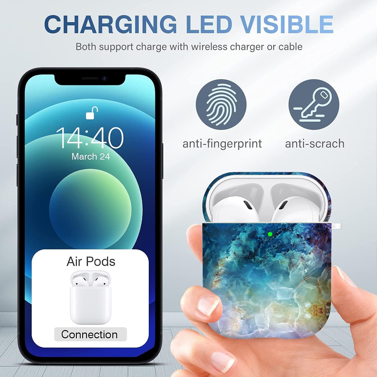 For Airpods Case Cover, for Airpods Protective Case Shockproof Hard PC Cover Skin Kit with Keychain for Girls Men Women Compatible with for Airpods 2& 1 Charging Case [Front LED Visible]