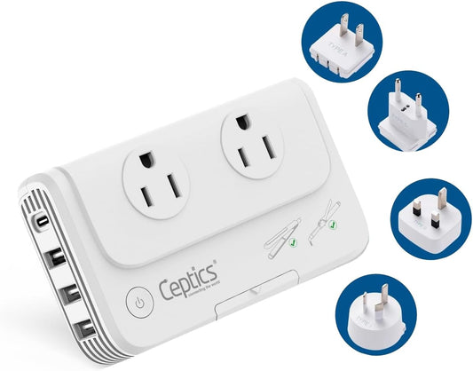 200 W Voltage Converter, Convert 220 V to 110V for Devices like Curling Iron, Straightener, Chargers, Step down World Power Plug - 4 USB PD 18W Fast Charging - EU/AU/UK/US Included